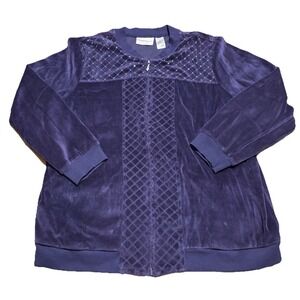 Alfred Dunner Women's Size 16 Plum Purple Velour Full Zip Quilted Detail Hoodie